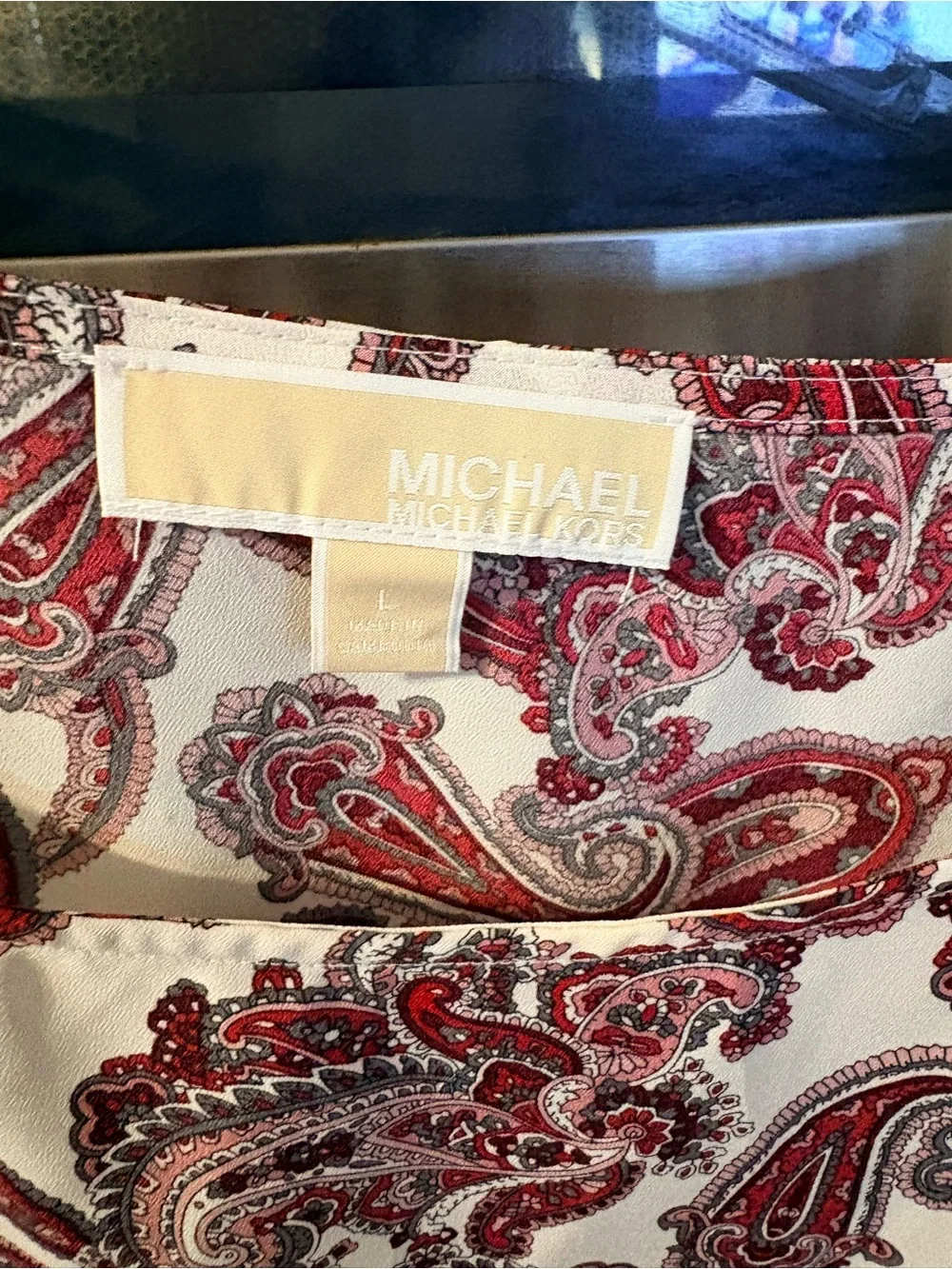 Michael Kors White Blouse with Burgundy Paisley Tie Accent